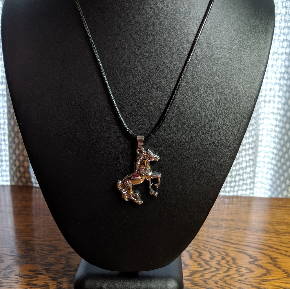 Necklace Silver Horse Pony Black Cord